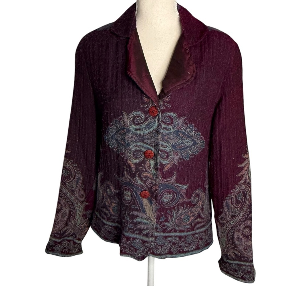 Coldwater Creek Plum Purple Paisley Embroidered Wool Blend Jacket Blazer Size 10